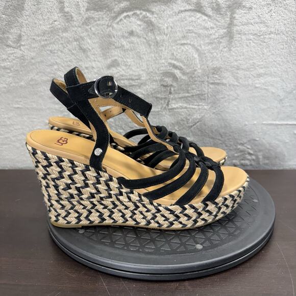 UGG Women's Size 10 Cressida Platform Black/Tan Chevron Wedge Strappy Sandals - Picture 1 of 10